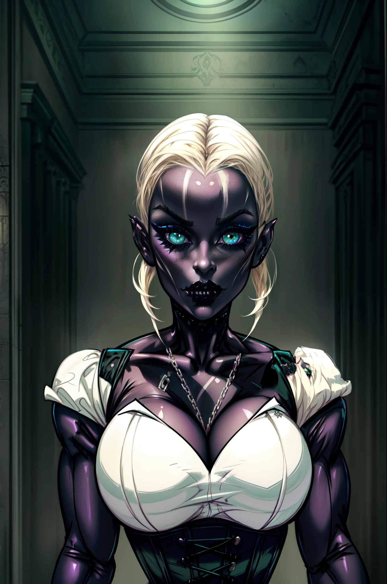 solo platinum hair, Gorgeous sexy woman as Gothic queen and beautiful vampire ; ambient lighting, fantasy mixed with realism, goth lady ; Gothic aesthetic,( platinum blonde white hair), black corset, (micro skirt), huge breasts (wide hips), (masterpiece), green eyes, (heavy goth makeup:1.3), dark lighting, perfect body, (ultra realistic eyes), (detailed face), symmetrical balance, in-frame, symmetrical face, symmetrical body, symmetric hands.