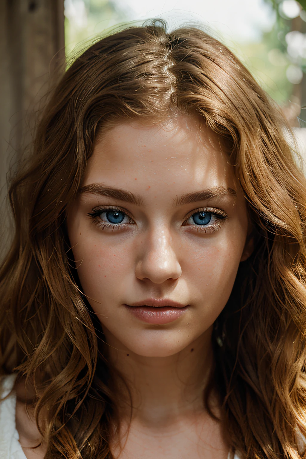 woman, 21 years old, curly blond hair, blue eyes, face portrait, natural light, super realistic.