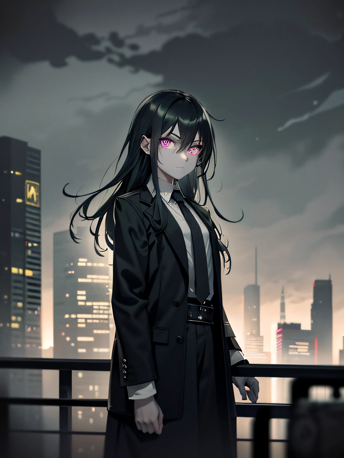 gloomy post-apocalyptic cyberpunk atmosphere in gray steel and dark green lights, ((portrait of a gloomy demon girl)), ((dark gray skin)), Long hair, (Formal wear), rests on steel railings, Good clothes, violet eyes, Cold lighting, on roof, giant hopeless city, landscape of abandoned houses, dark gloomy cityscape, Duck sky, Black Sky, It's dark night, Horror atmosphere, perfect anatomy, Masterpiece