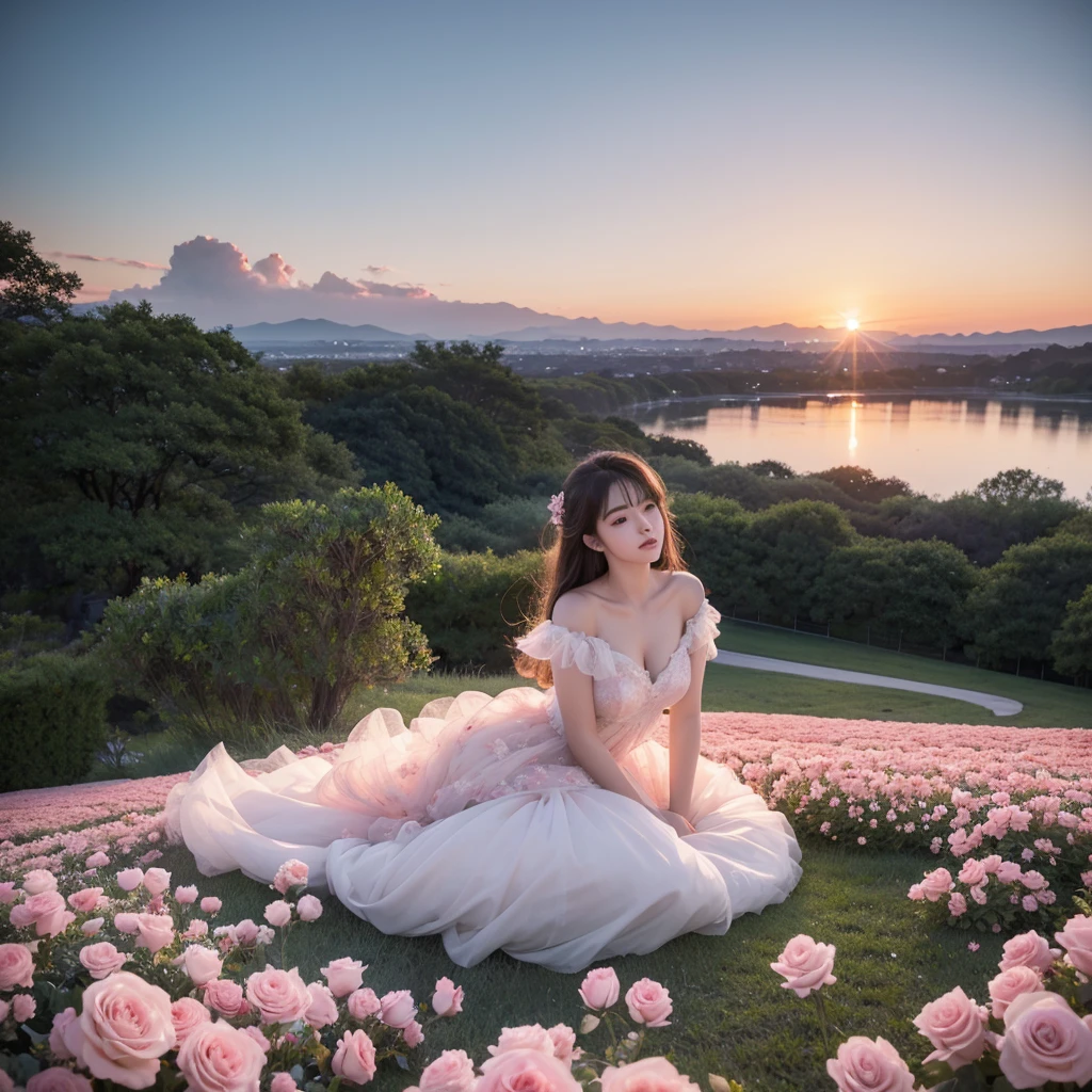 In the evening，Real-life shooting of 1,000 beautiful and romantic red and white roses glowing，Beautiful flowers are clearly visible，White and red flowers，Fluffy and soft petals，There are many flowers on both sides，In the middle are falling luminous petals，The sky at sunset，The city is in the distance，Reflecting pink light，Ultra photo realsisim，Hyper Real，photography of，Magic，fantasy，Pubic area is clear，8k，hyper realisitc，Hayao Miyazaki&#39;s romantic high-definition shooting。k hd，k hd