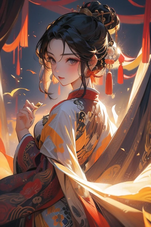 painting of a woman wearing beautiful song dynasty hanfu dress, she looks at the watcher