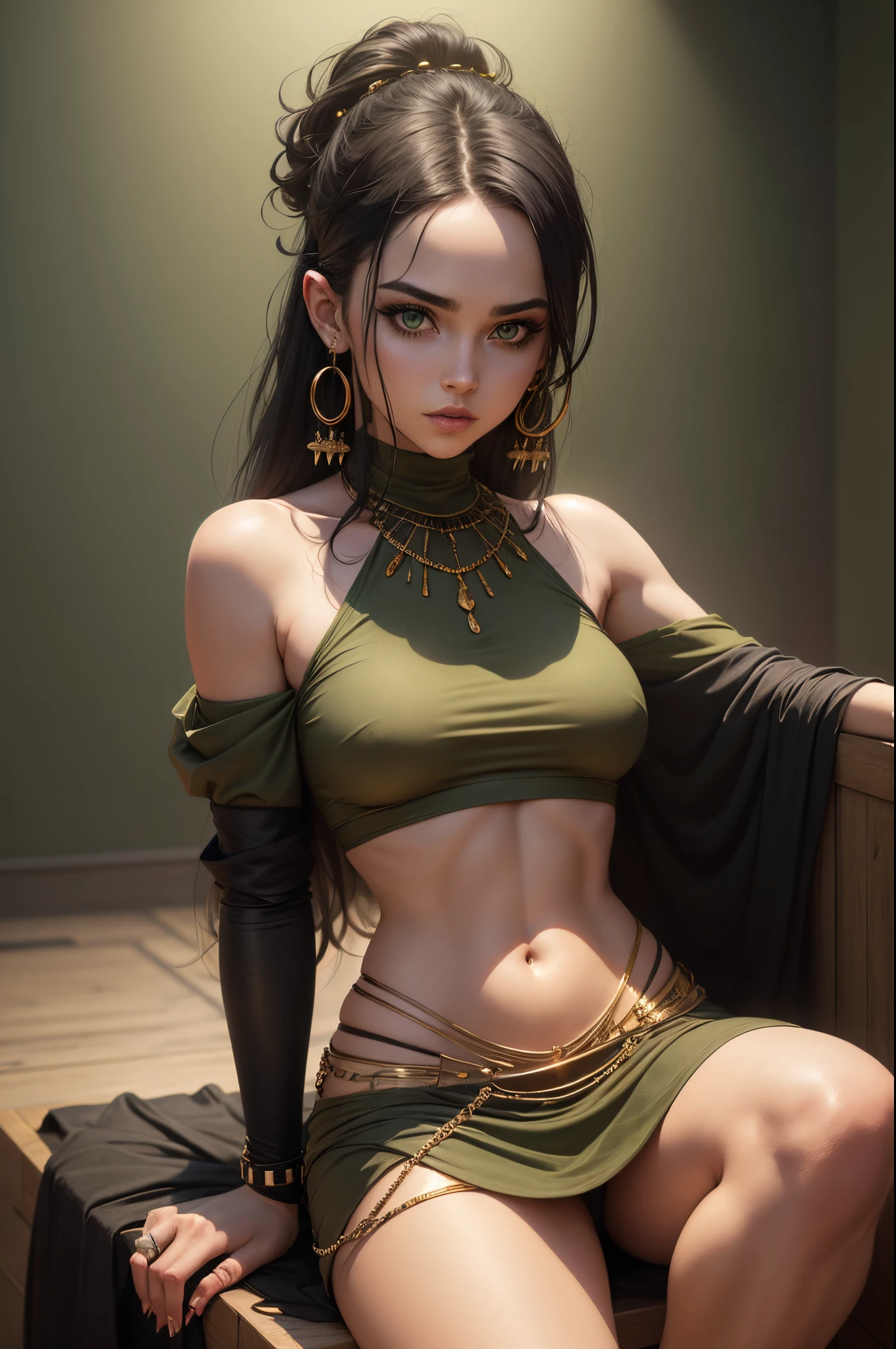 8K, RAW picture, rendered, goth girl wearing crop top, sitting, olive green walls, golden jewellery, ultra-detailed, photorealistic, realistic face, realistic hands, realistic legs, cinematic