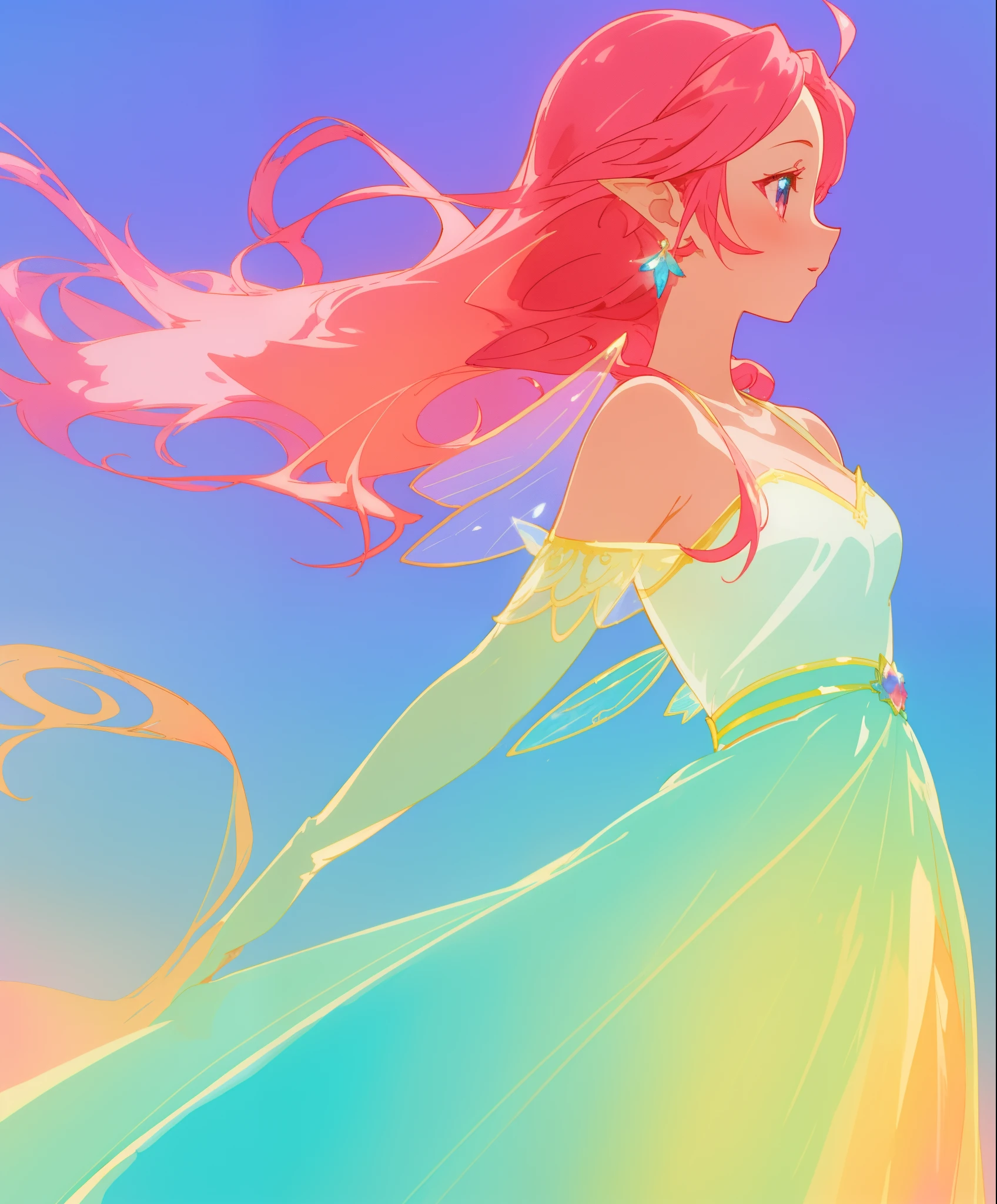 beautiful fairy girl in colorful gradient princess ballgown, fairy wings, fairy princess, long flowing red pink hair, colorful fantasia background, watercolor illustration, disney art style, beautiful digital illustration, beautiful, masterpiece, best quality, anime disney style, beautiful face