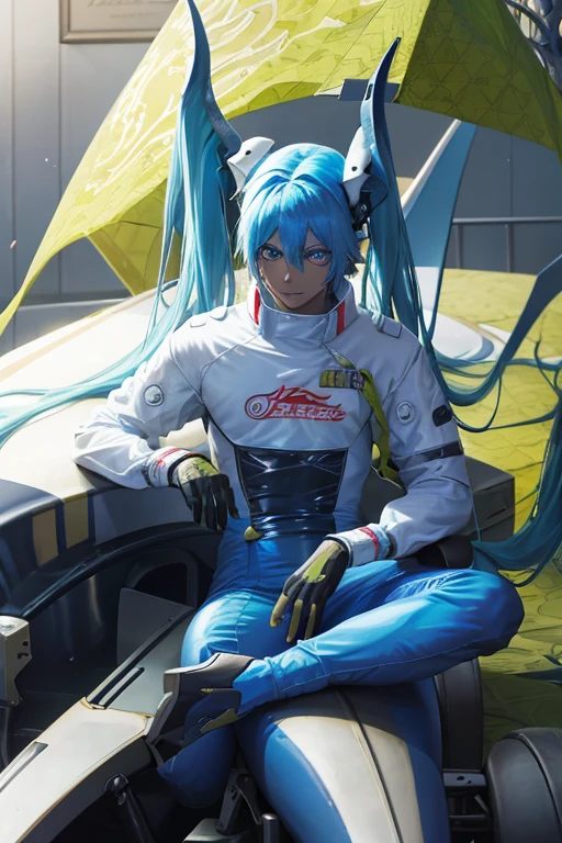 A blue skinned dragon man F-1 male racer with blue hair with golden eyes and golden horns is sitting on his F-1 car
