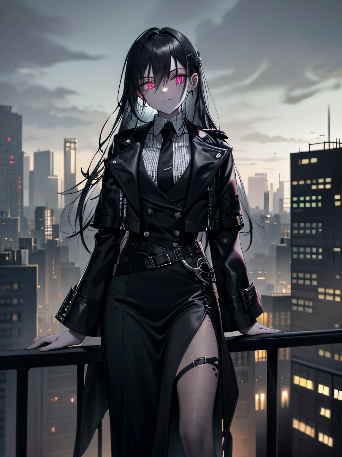 gloomy post-apocalyptic cyberpunk atmosphere in gray steel and dark green lights, ((portrait of a gloomy demon girl)), ((dark gray skin)), Long hair, (Formal wear), rests on steel railings, Good clothes, violet eyes, Cold lighting, on roof, giant hopeless city, landscape of abandoned houses, dark gloomy cityscape, Duck sky, Black Sky, It's dark night, Horror atmosphere, perfect anatomy, Masterpiece