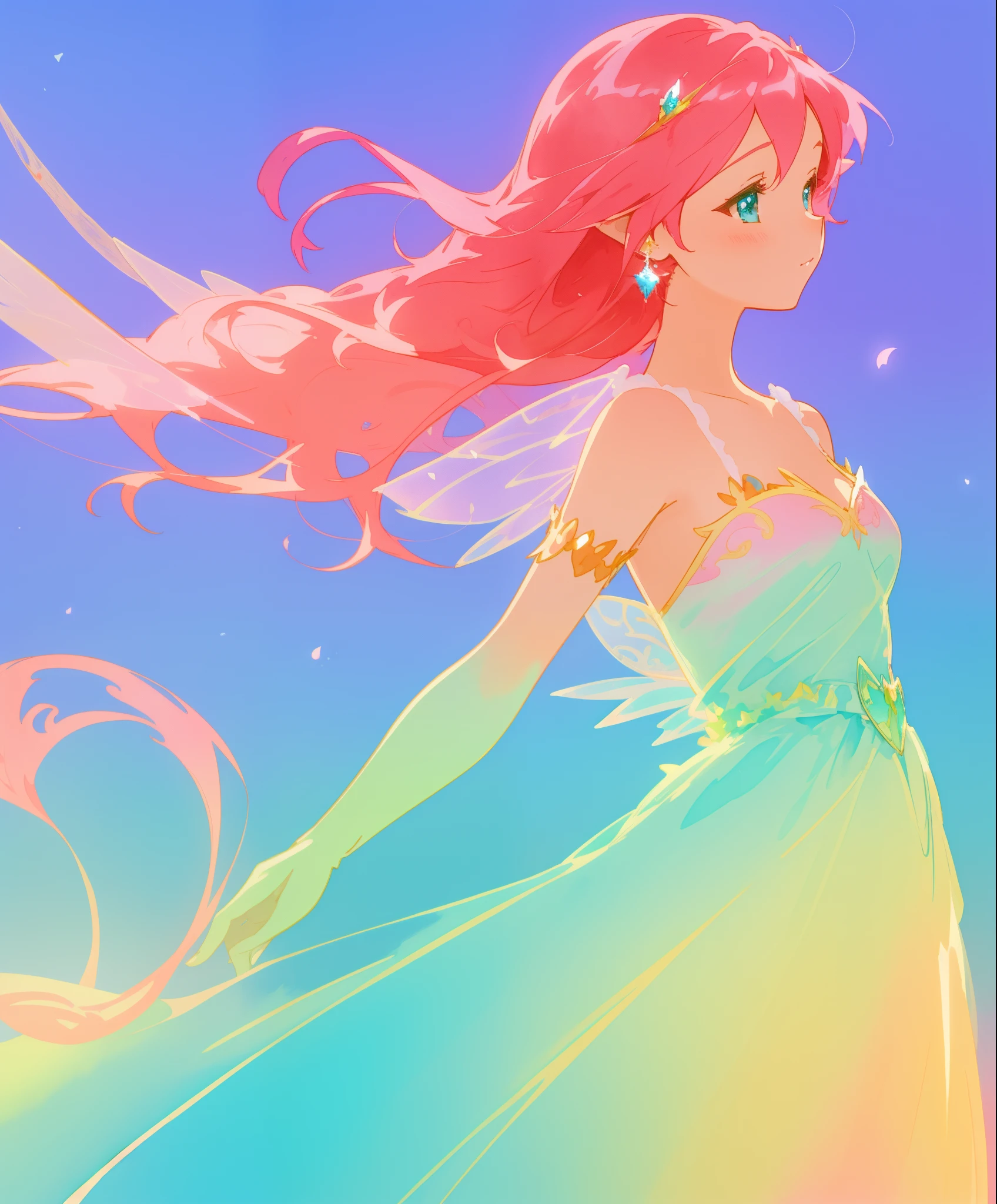 beautiful fairy girl in colorful gradient princess ballgown, fairy wings, fairy princess, long flowing red pink hair, colorful fantasia background, watercolor illustration, disney art style, beautiful digital illustration, beautiful, masterpiece, best quality, anime disney style, beautiful face