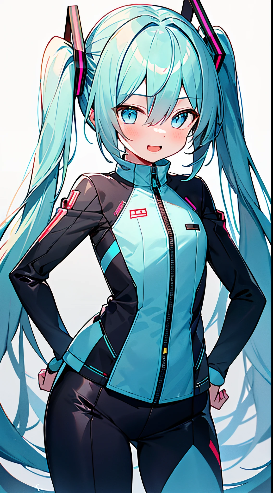 (8K、Top image quality、top-quality、​masterpiece)、1 girl in、Twin-tailed、Hatsune Miku、light blue  eyes、A slight smil、Smaller chest、Rider Suit、zipper、cowboy  shot、Put your hands on your hips、Circuit Background