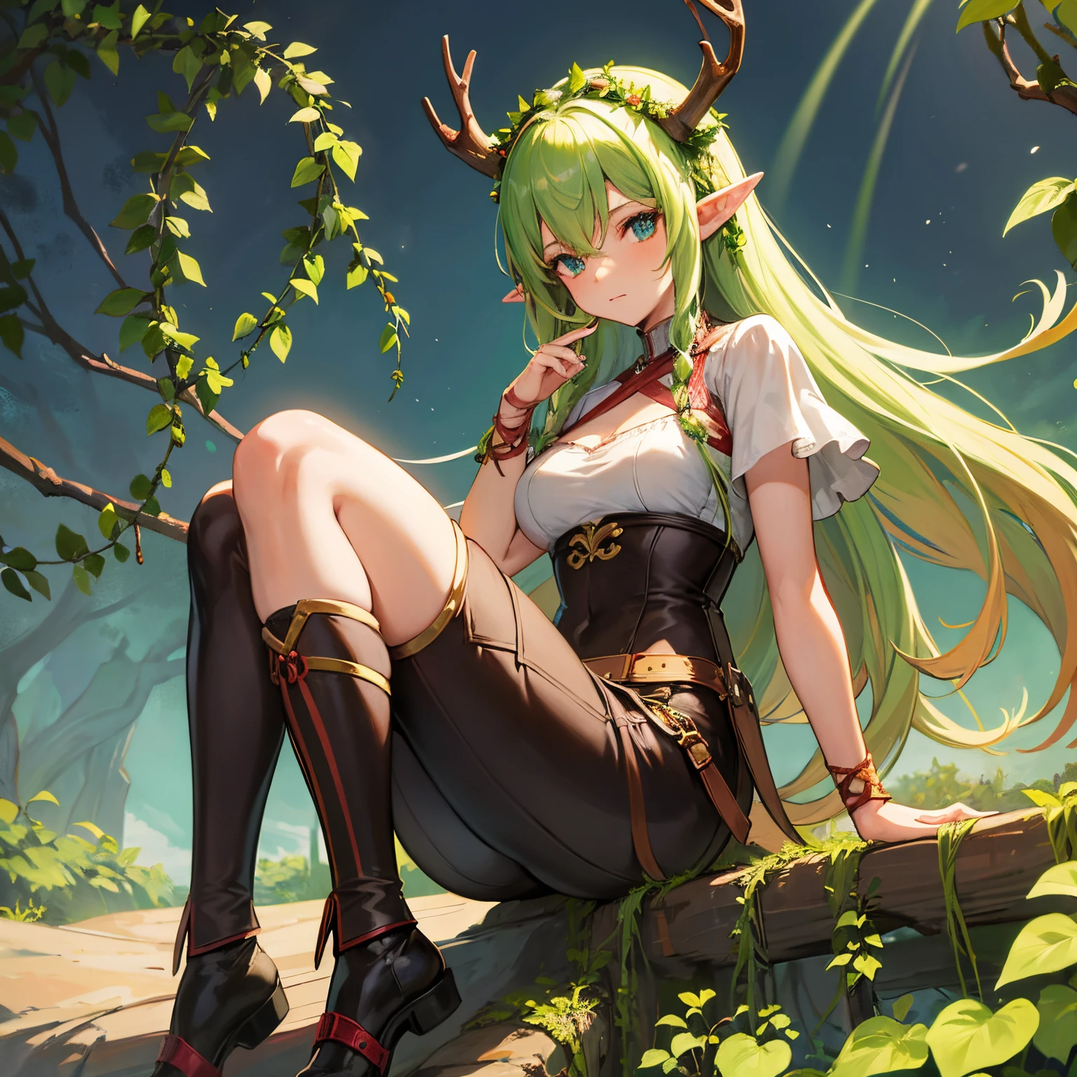 An elf girl,Double up braid,Vines are entangled,Head decorated with antlers and ears,wearing leather armor,Middle Ages style,shorter pants,Long leg hiking shoes,There are leg loops,Bare with thighs,Fighting posture