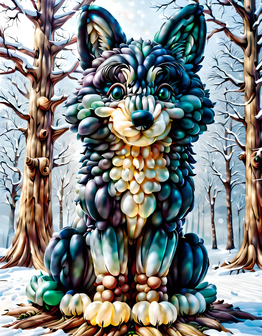 (solo:1.3), (symmetrical:1.3), (close up:1.3), baloonz, happy wolf cub made out of baloons (((looking at the viewer))), ((sitting on a stump)), snowy, More Detail