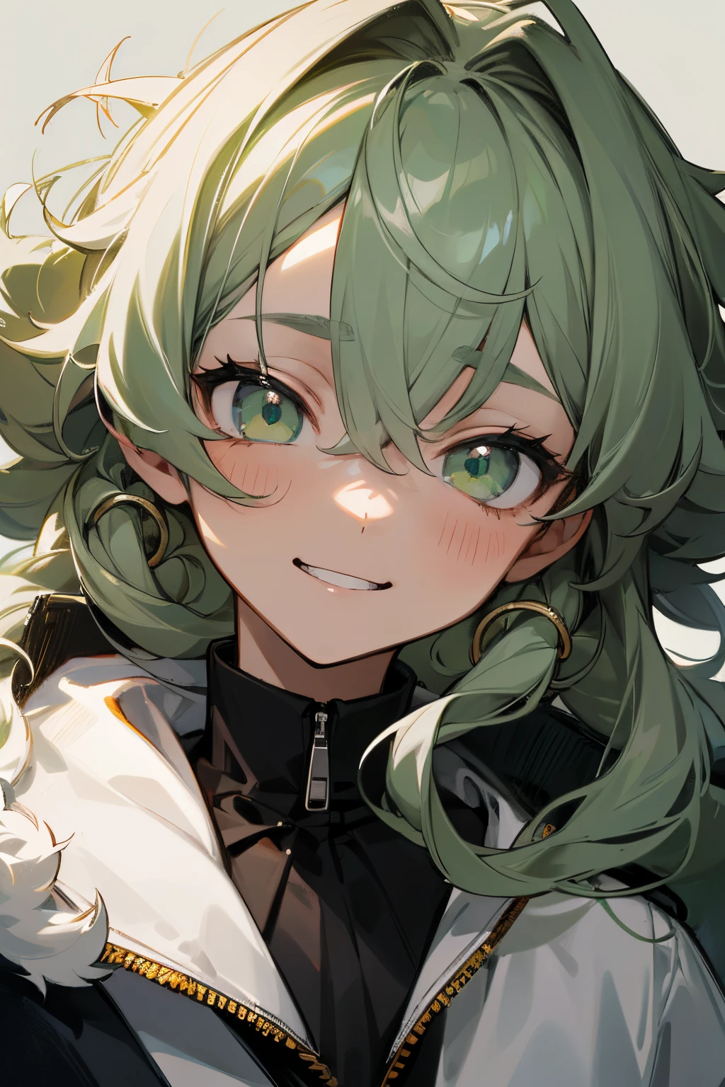 (masterpiece), best quality, face portrait, boy, loli, dark green zip-up jacket with white fur on top, black loose T-shirt, emerald amulet around his neck , light green kind eyes wide open, (gray:1.6) long hair falling over the eyes and nose, with curls sticking out in different directions, hairstyle in the form of a long thin ponytail, with a huge smile on his face