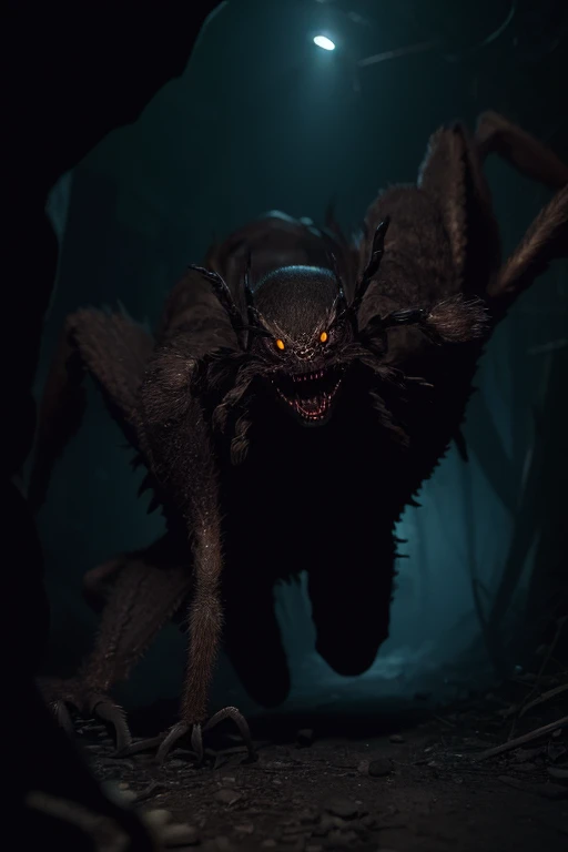 horror art, dread, Best quality, masterpiece, ultra high res, (photorealistic:1.4), Action shot of terrifying Big Spider chasing after the viewer, dynamic running, in a decrepit underground Spider Cave in Hell, creepy, unnerving, unsettling, terrifying, 8 eyes, 80mm, horror lighting, dynamic action