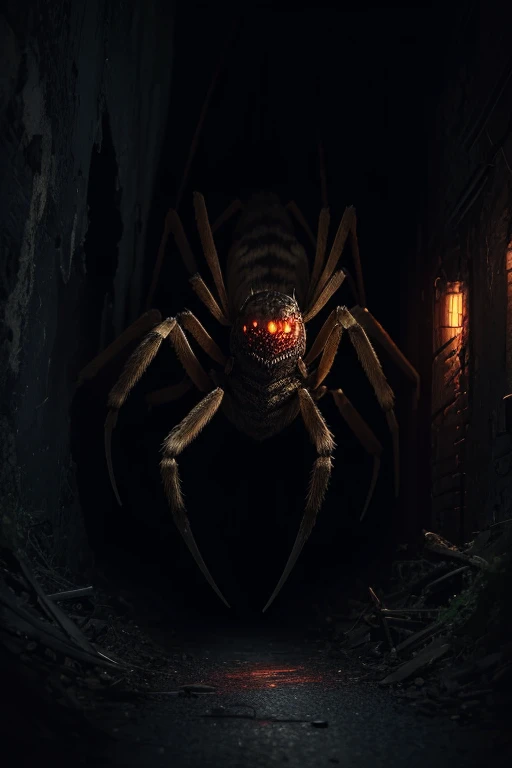 horror art, dread, Best quality, masterpiece, ultra high res, (photorealistic:1.4), Action shot of terrifying Big Spider chasing after the viewer, dynamic running, in a decrepit underground Spider Cave in Hell, creepy, unnerving, unsettling, terrifying, 8 eyes, 80mm, horror lighting, dynamic action