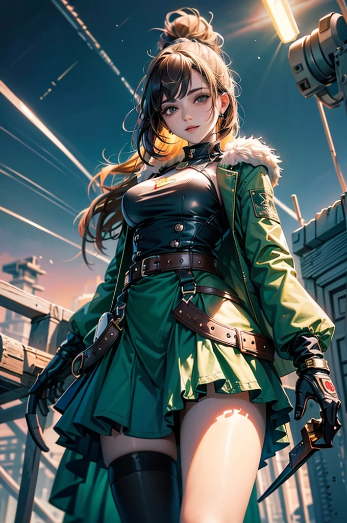 Japanese anime style. metal Gear. woman. Navy soldier. scarf. skirt. machine gun. Are standing. Whole body. from below. --auto --s2