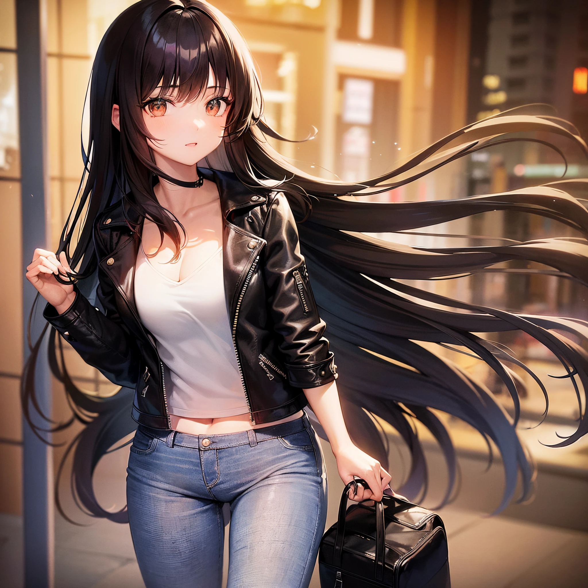 20 Year Old Girl, Long black hair, loose hair, bangs on her head, Brown eyes, small chest, black leather jacket, Jeans, Background: modern city, night time, Better quality, high detail,