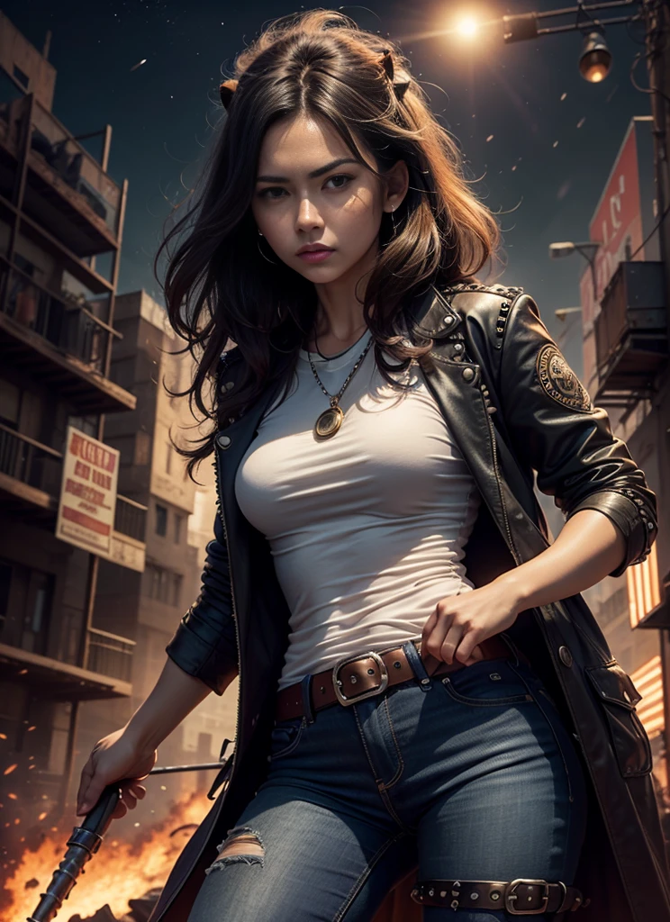 Movie poster, jungle city, lion warrior, medium chest woman, black jeans, belt, long t-shirt, coat, rivets, holster, rivets, explosions, jungle, ruins, just one body, night