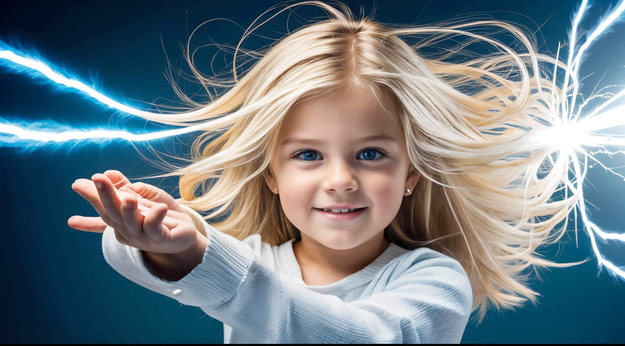 a close-up of a BLONDE  with long hair, BIG BALL OF electrified ICE IN HANDS.