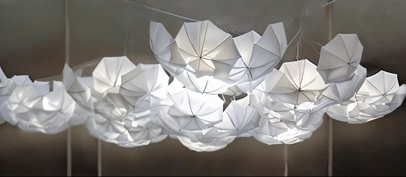 there are many white umbrellas hanging from the ceiling of a room, futuristic lighting, Wim Crouwel, cumulus, Fixtures, Olafur Eliasson, um top de guarda-chuva, dramatic dreamlike lighting, Directed by: Shinji Aramaki, organic volumetric lights, luzes flutuantes, wonderful lighting, Guarda-chuvas, impressive lighting, soft butterfly lighting, Fantastic lighting, Dreamlike lighting, eerie lighting