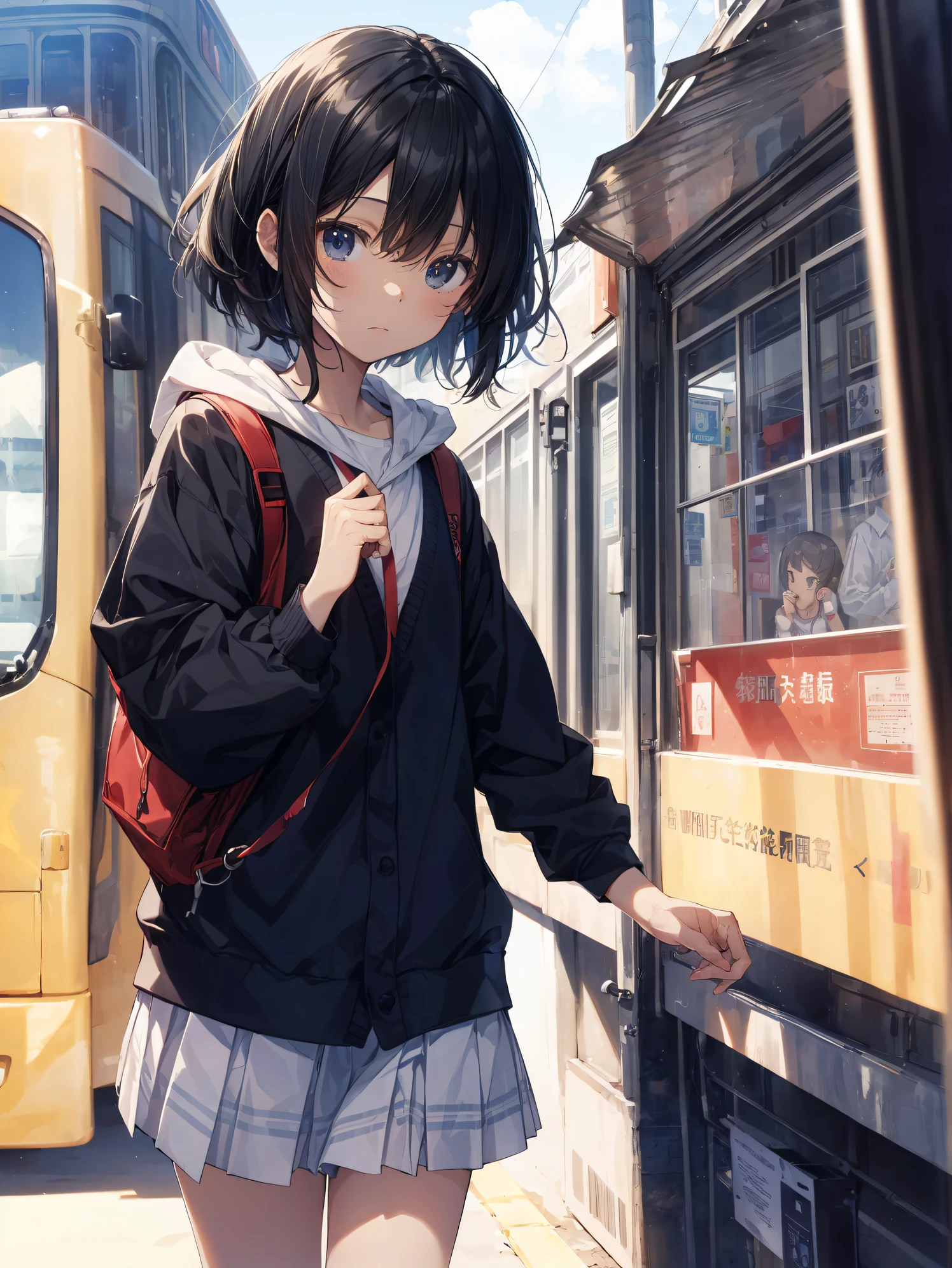 best god quality, Ultra-detailed, anime moe art style,Best Anime 8K Konachan Wallpapers,Pixiv Contest Winner,Perfect Anatomy, (Draw a girl sleepily walking to school. ),BREAK, 1girl is a cool beautiful girl, (Solo,Lori,,13yea:1.3),a junior gynous attraction, (Center part very short hair),hair messy, Forehead, Full limbs, complete fingers,flat chest, Small butt, groin, Small eyes,Beautiful detailed black eyes,well-proportioned student,disgusted eye, School uniform, Skirt,On the way to school. BREAK,High resolution,super detailed skin, Best lighting powered by AI, Illustration,