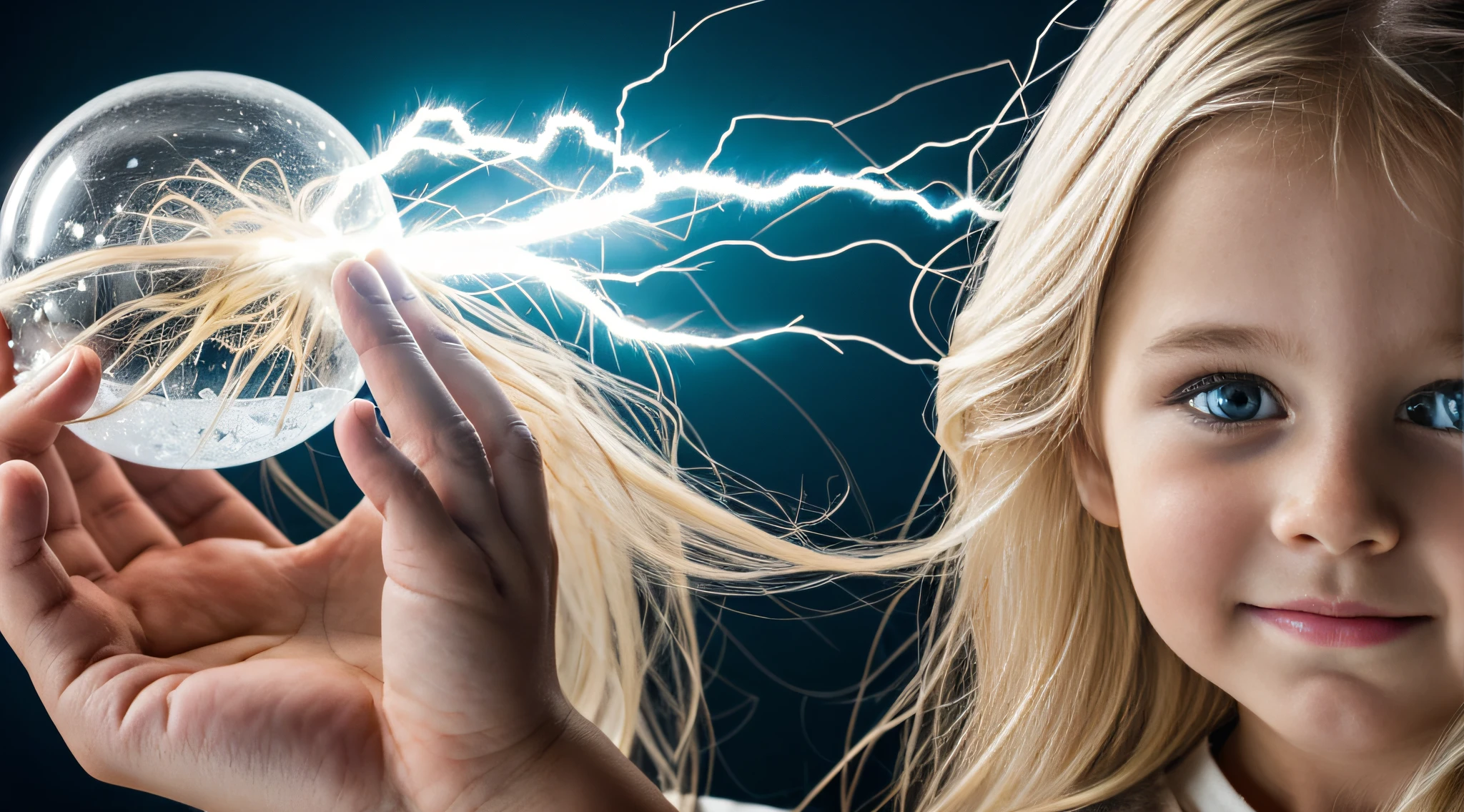 a close-up of a blonde  with long hair, BIG BALL OF electrified ICE IN HANDS.