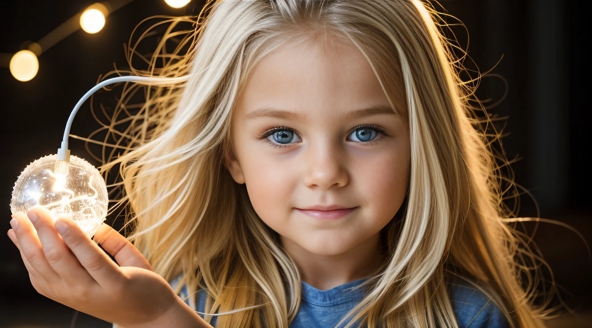 a close-up of a blonde with long hair, BIG BALL OF electrified ICE IN HANDS.