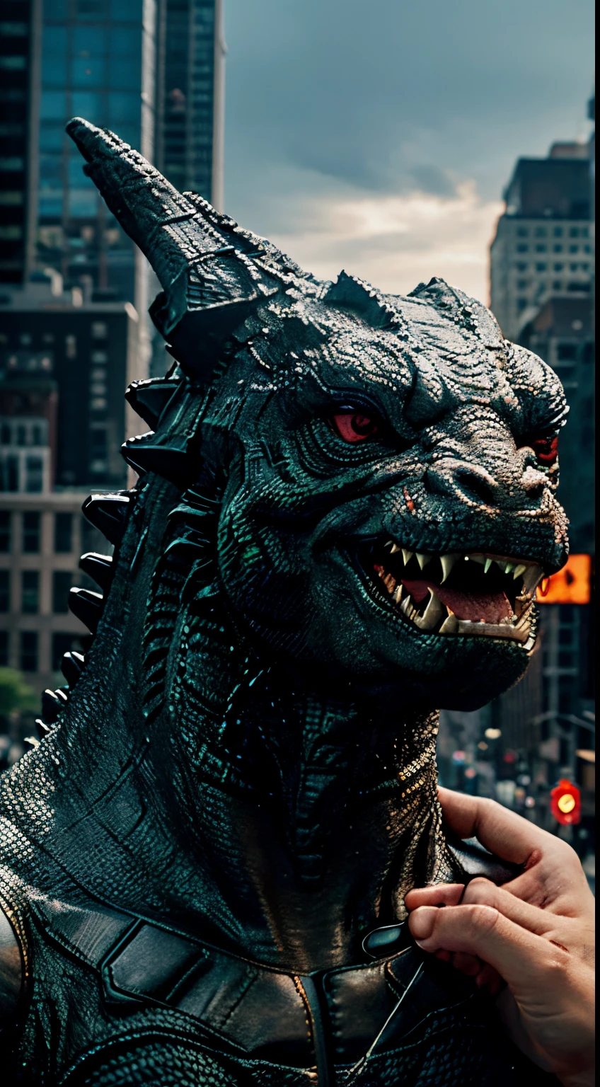 holding cut off godzilla head, in new york, 3d render, high_resolution, 4k, maximum detail, photorealistic
