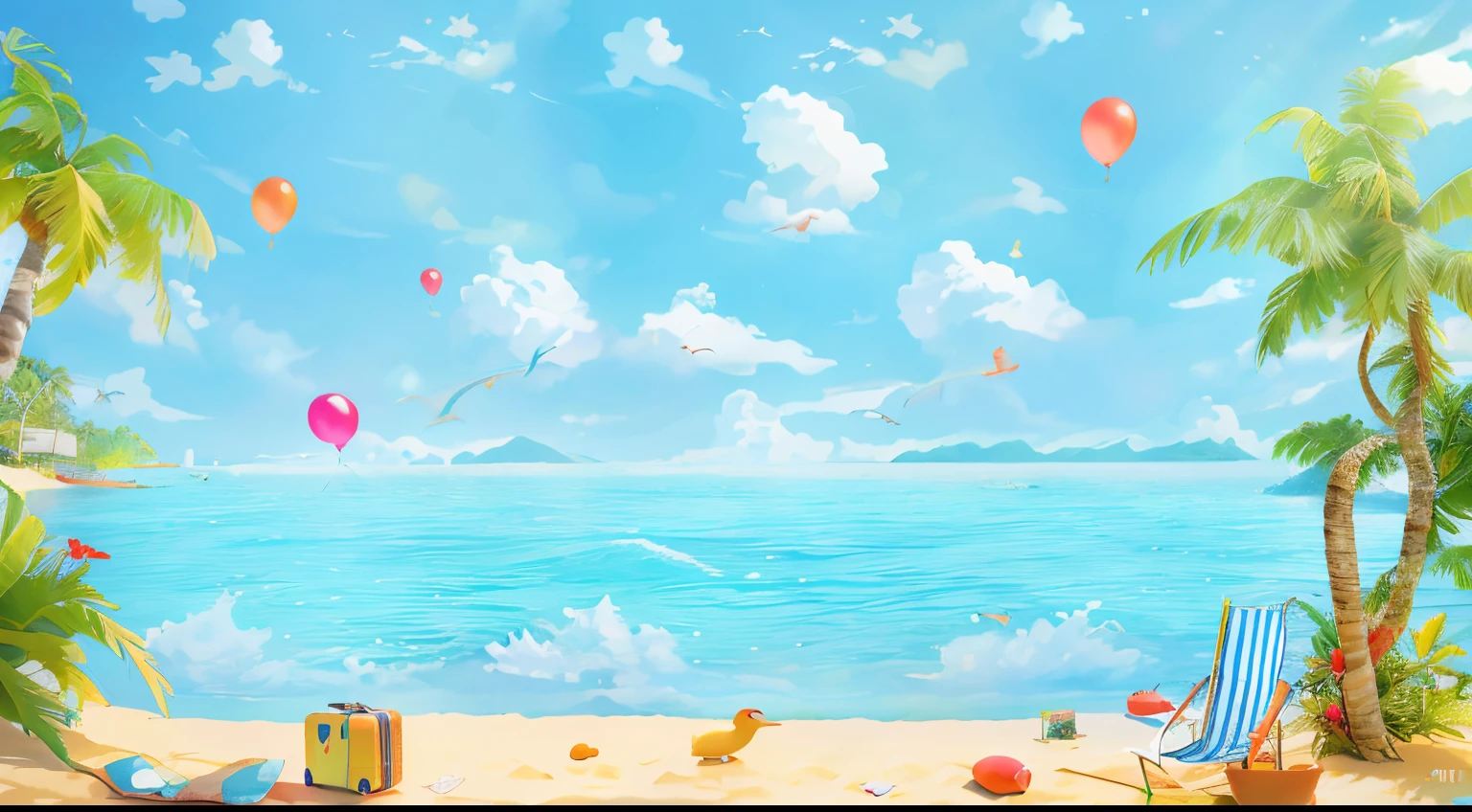 summer beaches、Red flowers、beach chair、Suitcase and palm tree, blue lifebuoy,coloredballoons,toys、seagulls、island background, tropical beach paradise, tropical background, breezy background, tropical ocean, Tropical paradise, beatiful background, tropical island, anime backgrounds, seaside backgroud, tropical mood, sea beach background, ornate backdrop, wonderful sea view, amazing background, beatiful background, Anime background art, Tropical beaches,tmasterpiece,the detail,trends in art station,beautiful light up,realistically,iintricate,Award-Awarded,4K,Best quality at best