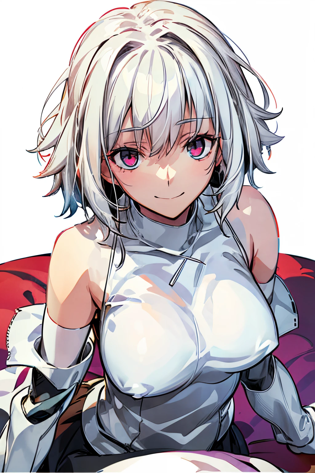 Perspectives, cute smiling, sit on chair, Strange perspective, White sweater，mediuml breasts, Separate collar，exposed bare shoulders, face flushed，(White hair), whitegloves