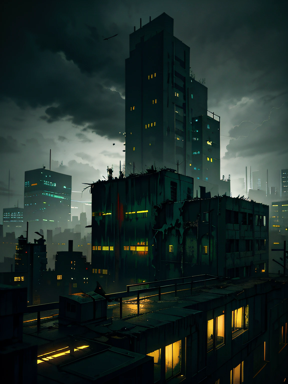 gloomy post-apocalyptic cyberpunk atmosphere in gray steel and dark green lights, steel railings, Cold lighting, on roof, giant hopeless city, landscape of abandoned houses, dark gloomy cityscape, Duck sky, Black Sky, It's dark night, Horror atmosphere, Masterpiece