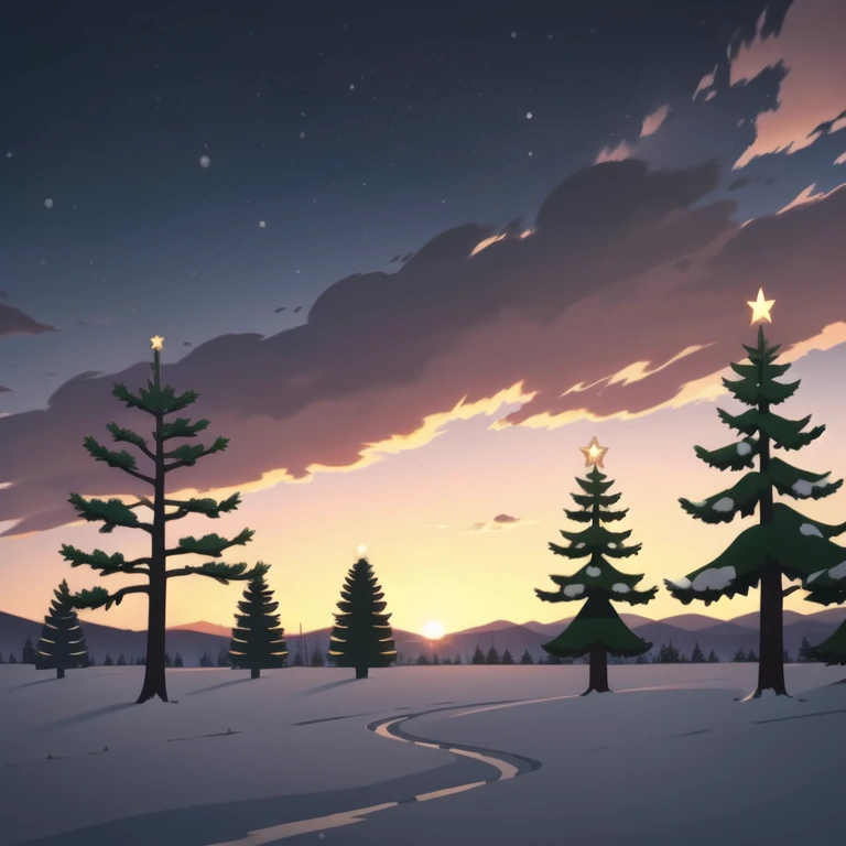 ((Christmas time)), ((Winter)) Christmas Ligts, Pine trees, snowy day, with gray clouds, bouldings, sunset sky.