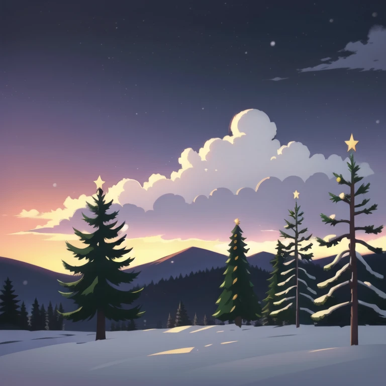 ((Christmas time)), ((Winter)) Christmas Ligts, Pine trees, snowy day, with gray clouds, bouldings, sunset sky.