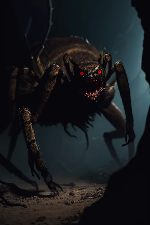 horror art, dread, Best quality, masterpiece, ultra high res, (photorealistic:1.4), Action shot of a terrifying Big Spider chasing after the viewer, dynamic running, in a decrepit underground Spider Cave in Hell, creepy, unnerving, unsettling, terrifying, 8 eyes, 80mm, horror lighting, dynamic action