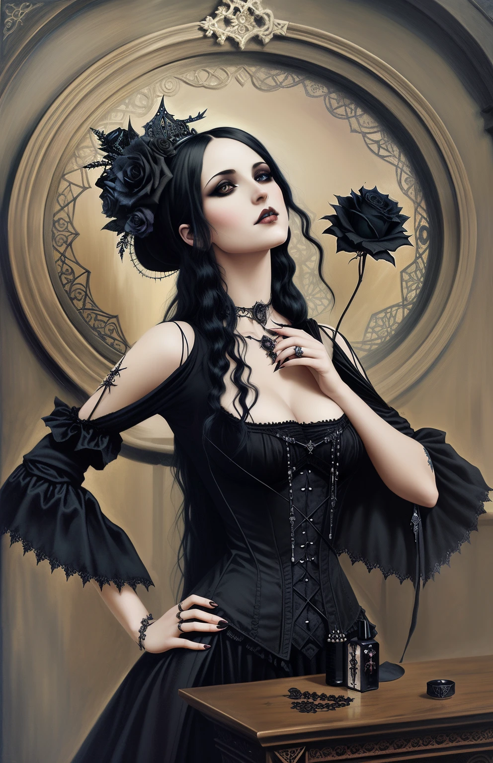 pintura de uma mulher em um vestido preto segurando uma rosa, gothic art, she is the queen of black roses, gothic maiden, Gothic painting, gothic art style, victorian gothic, detailed 3d gothic oil painting, victorian gothic, vampiro vitoriano elegante, No estilo de Anne Stokes, an elegant gothic princess, gothic and baroque, gothic maiden of the dark, Gothic fantasy art
