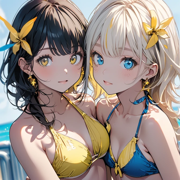 ((masterpiece、top-quality:1.5、a high chroma:1.5、ultra-detailliert、high-resolution illustrations:1.5、Ultra-high-definition CG、8k size wallpaper、offcial art))、((2guys、twin sisters)),(yuri),(cute face:1.5)、(clear face:1.3),(Shining eyes:1.5),()
((Blue-only color scheme bikini:1.5)), ((yellow-only color scheme Bikini:1.5)),(sexy body),((One is Blue eyes and the other is yellow eyes:1.5)),(),(), ((medium breasts))、
,(Background is bright colors, summer beach)、midjourney