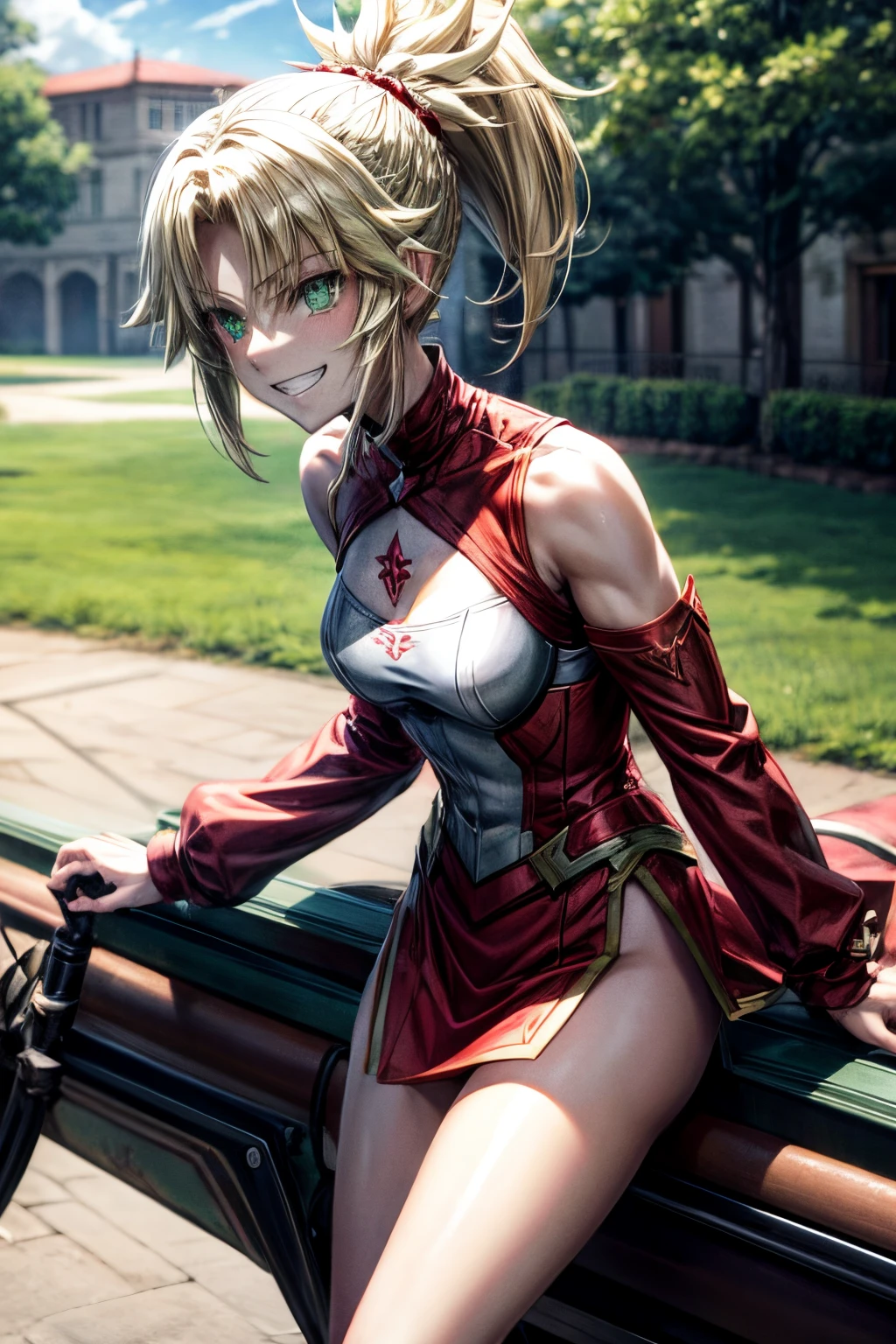 modred, (green eyes:1.5), blonde hair, ponytail, short hair, grin, sweat, sun, outdoor