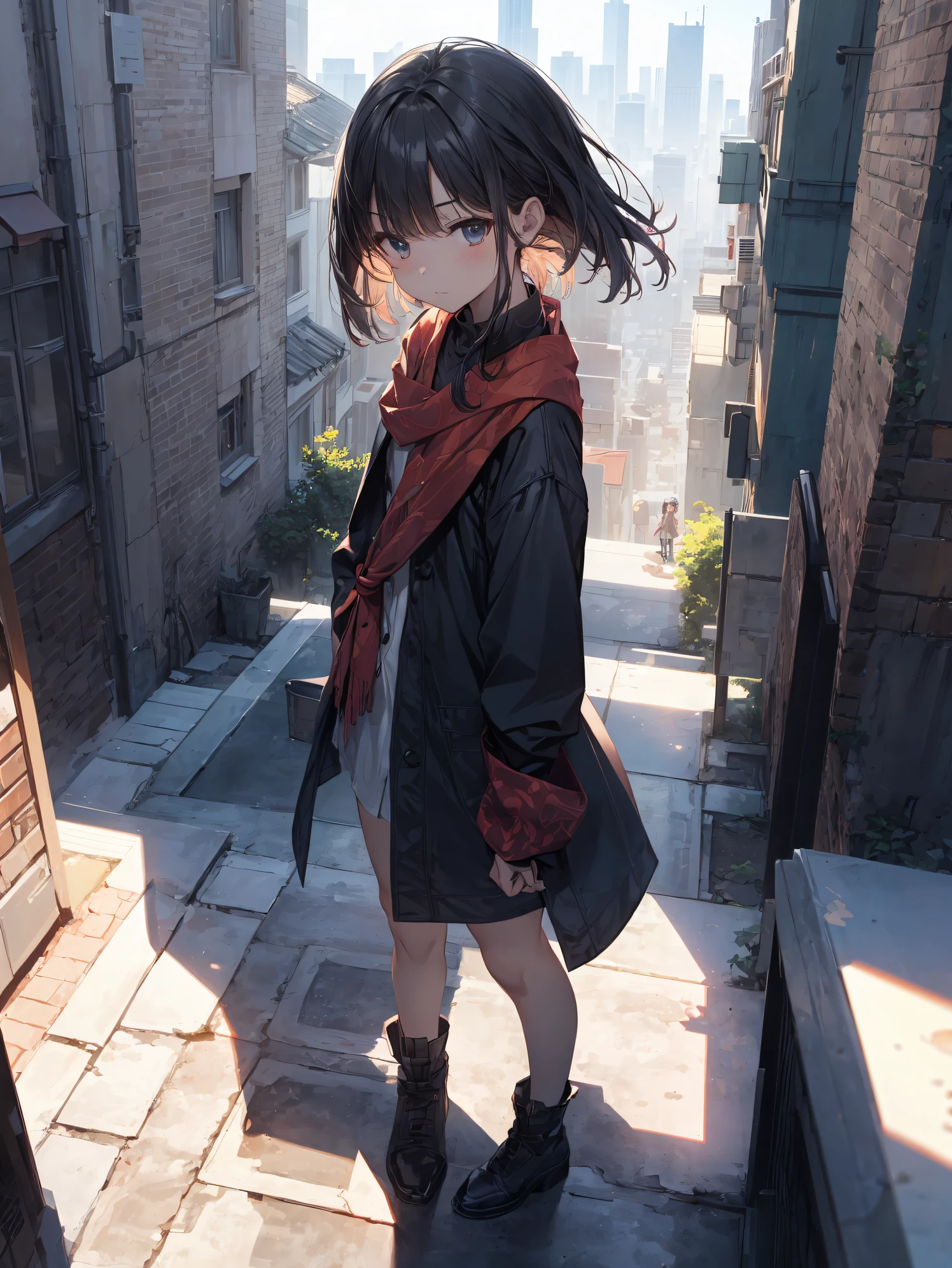 What is a ninja?、... It's cool and... quick.！Best ninja quality, anime moe art style,Best Anime 8K Konachan Wallpapers,Badass Anime 8K,Perfect Anatomy, (Please draw a picture of a ninja girl looking down on the city from the rooftop..)From diagonally above,overhead angle,BREAK, 1 The girl is a ninja, (Solo,Lori,,13yea:1.3), Androgynous attraction, (Very short hair, Blunt bangs), Full limbs, complete fingers,flat chest, Small butt, groin, Finely detailed 8K beautiful black eyes, 
(Sleeveless half jacket),Obi,Short shorts, Ninja scarf fluttering in the wind, standing on the roof of a skyscrapper. Ning-ning-hsien。BREAK, i have a mission.。Sasasasa...。Ultra-detailed,High resolution,super detailed skin, Professional Lighting, Illustration,