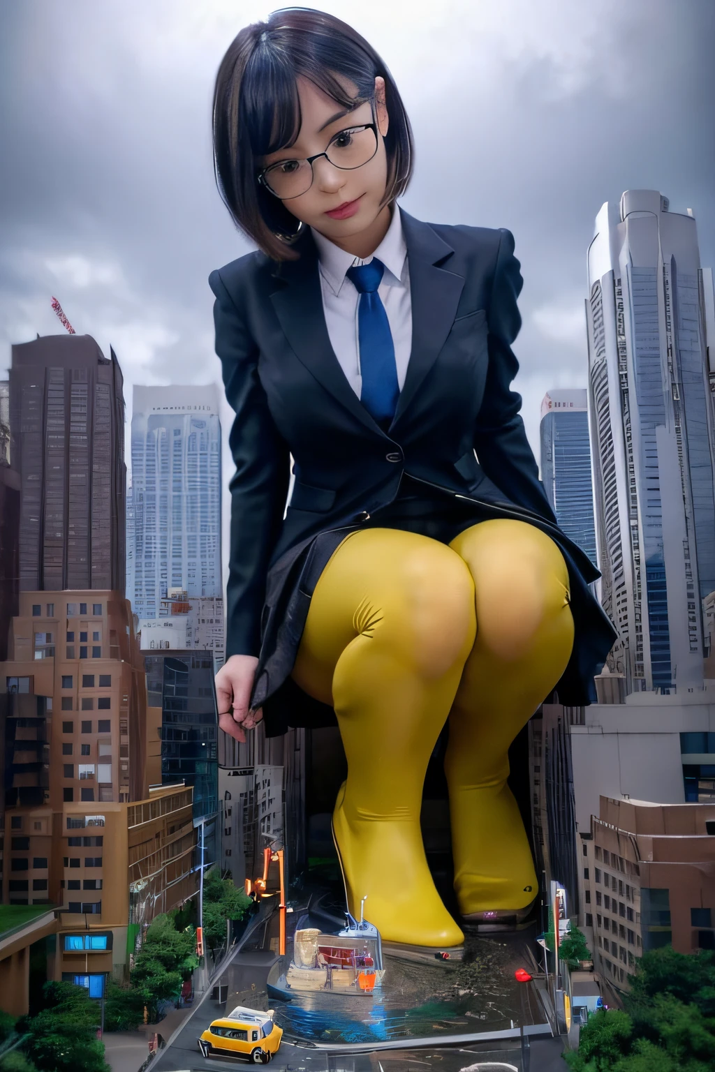 giantess art, a hyperrealistic schoolgirl, , highly detailed giantess shot, der riese, Shorthair, Black pantyhose, Giant high school girl much bigger than a skyscraper。Wearing rimless glasses。Colossal tits。Navy blue blazer、Red tie、Mini Length Skirt、Black pantyhose、Pantyhose sole、Pantyhose Toe、I'm not wearing shoes.。very small metropolis。miniature metropolis。In a miniature metropolis just a few feet tall.、squatting and urinating。sea of urine。Small trains and cars are washed away with urine.。Full body depiction。nffsw, der riese, Black pantyhose, Pantyhose legs, Pantyhose feet, ,Stomping City,crash city,Small town,micro city, Peeing,