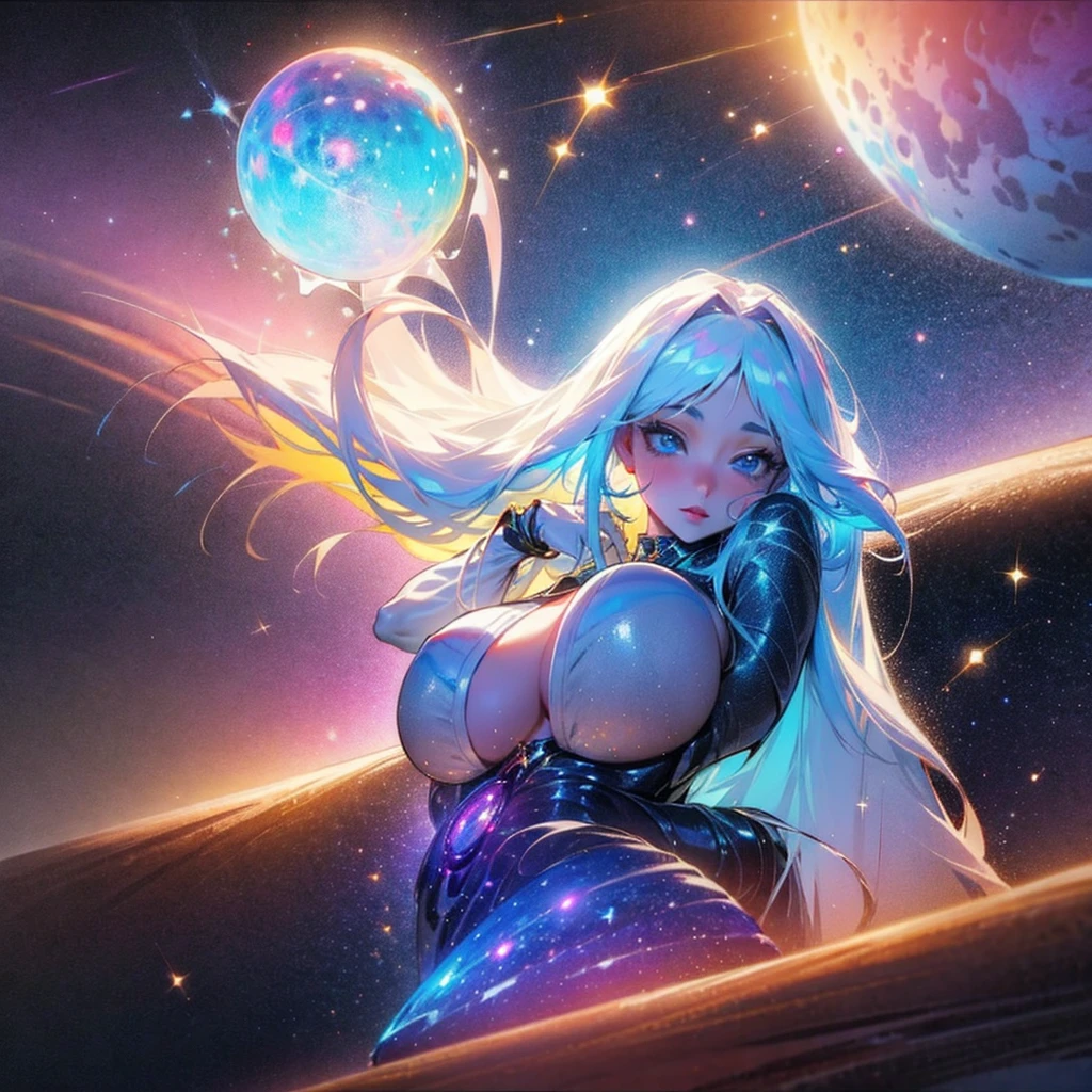 ultra - detailed,(actual,realistically,realisticlying:1.37),sporty attire,eBlue eyes,White hair,Curly-haired beauty,Her figure is the golden ratio of the human body,Fair and flawless skin,wear bikini universe,Interdimensional Traveler,Glowing blue portal in the background,glistening stars,galaxias,The space-time continuum,Cosmic dust floats around her,celestial glow,EtherealBeauty,with a calm expression,captivatinggaze,Interstellar Travel,Colored nebulae,dreamlike landscapes,otherworldly beauty,undying,vibrant with colors,vibrant tones,Lighting light,in pastel shades,Artistic creation,masterful brushstrokes,enchanting atmosphere,Surreal atmosphere,harmonious color palette,Cosmic energy flows through her,The body radiates light and energy,Wonderful atmosphere,otherworldly beauty,Enchanting aura,Universe secrets revealed.