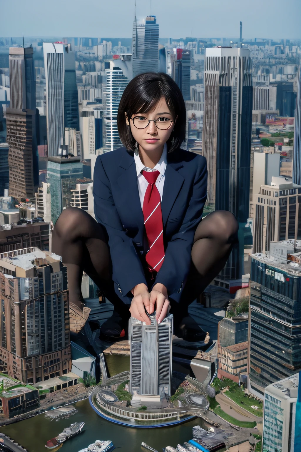 giantess art, a hyperrealistic schoolgirl, , highly detailed giantess shot, der riese, Shorthair, Black pantyhose, Giant high school girl much bigger than a skyscraper。Wearing rimless glasses。Colossal tits。Navy blue blazer、Red tie、Mini Length Skirt、Black pantyhose、Pantyhose sole、Pantyhose Toe、I'm not wearing shoes.。very small metropolis。miniature metropolis。In a miniature metropolis just a few feet tall.、squatting and urinating。sea of urine。Small trains and cars are washed away with urine.。Full body depiction。nffsw, der riese, Black pantyhose, Pantyhose legs, Pantyhose feet, ,Stomping City,crash city,Small town,micro city, Peeing,