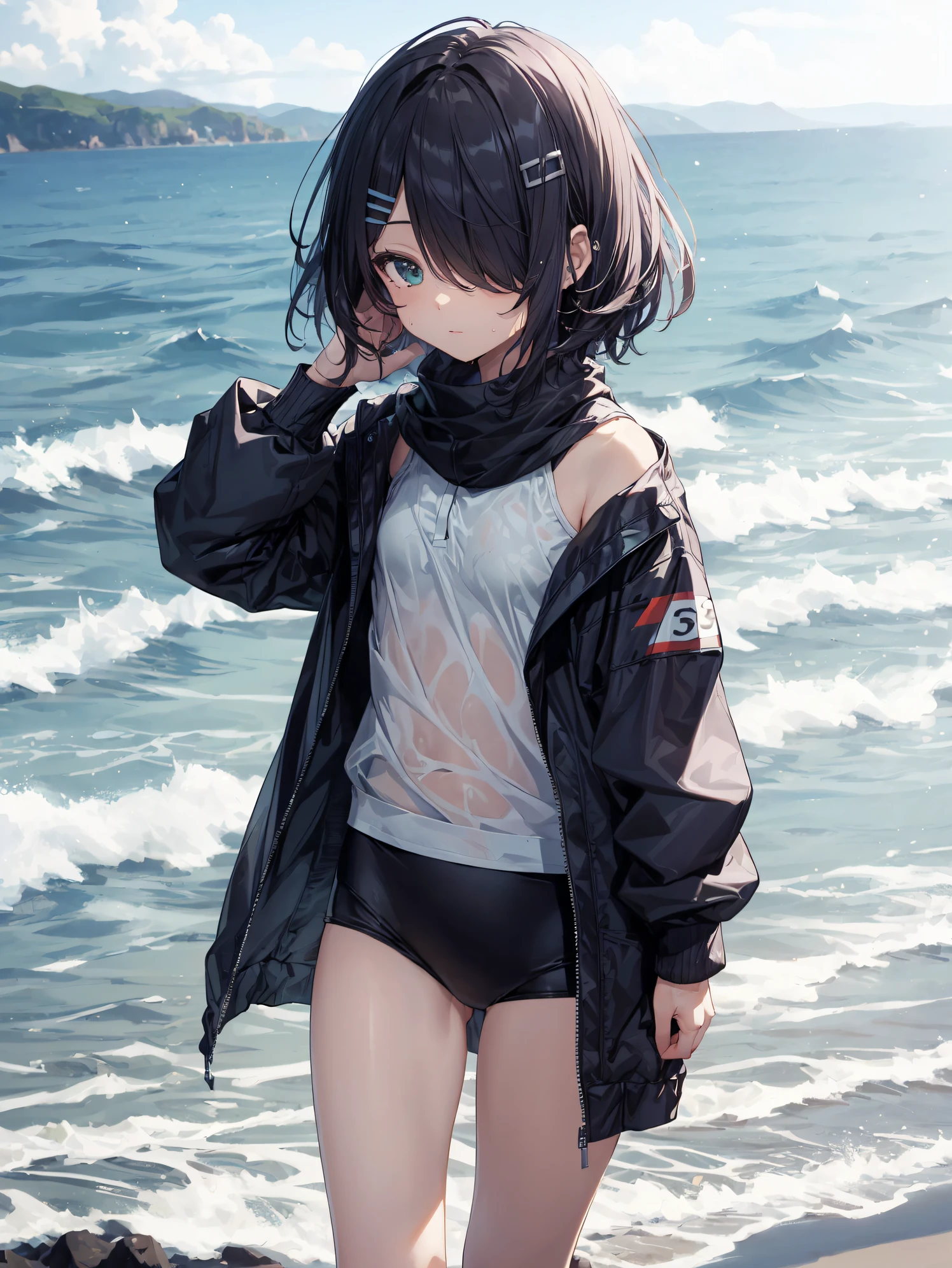 of the highest quality, anime moe art style,Best Anime 8K Konachan Wallpapers,Pixiv Contest Winner,Perfect Anatomy, BREAK,(Draw a picture of a girl in a swimsuit walking on the beach.),BREAK, 1girl is a beautiful girl with poor luck.,(Solo,Lori,child,13years:1.3),a junior high school student,Full limbs, complete fingers,  Short hair, Forehead, (Hair over one eye:1.4),Small breasts, Small butt, Beautiful detailed eyes, groin, Wet, Shiny skin, Cowboy Shot, hair clips, Swimsuit, in beach.BREAK,Ultra-detailed,High resolution,super detailed skin, 
AI best writing, Illustration,