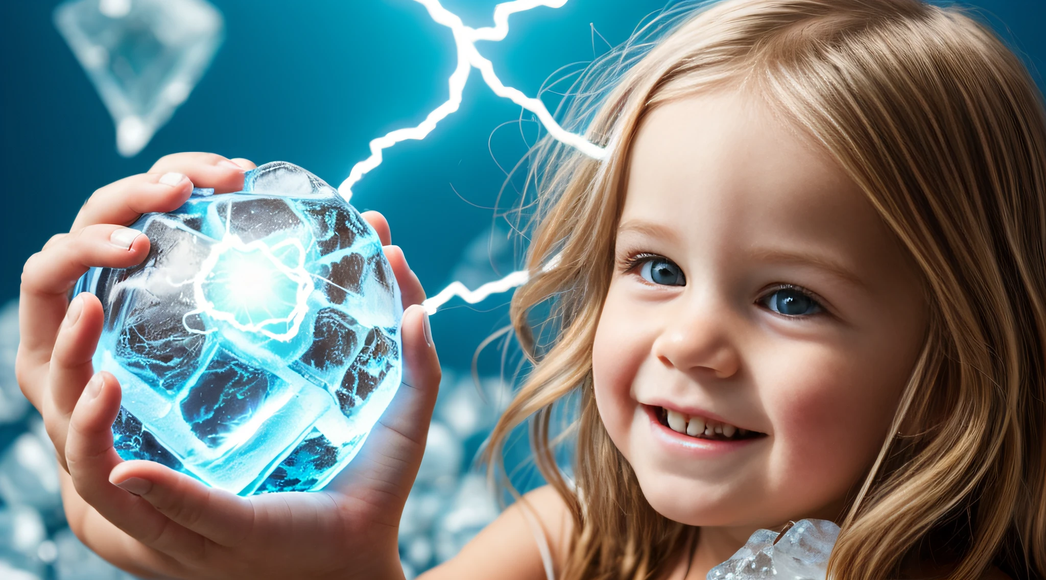a close-up of a blonde child with long hair, BIG BALL OF electrified ICE IN HANDS.