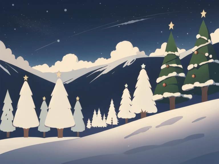 ((Christmas time)), ((Winter)) Christmas Ligths, Pine trees, snowy day, clouds, morning sky.