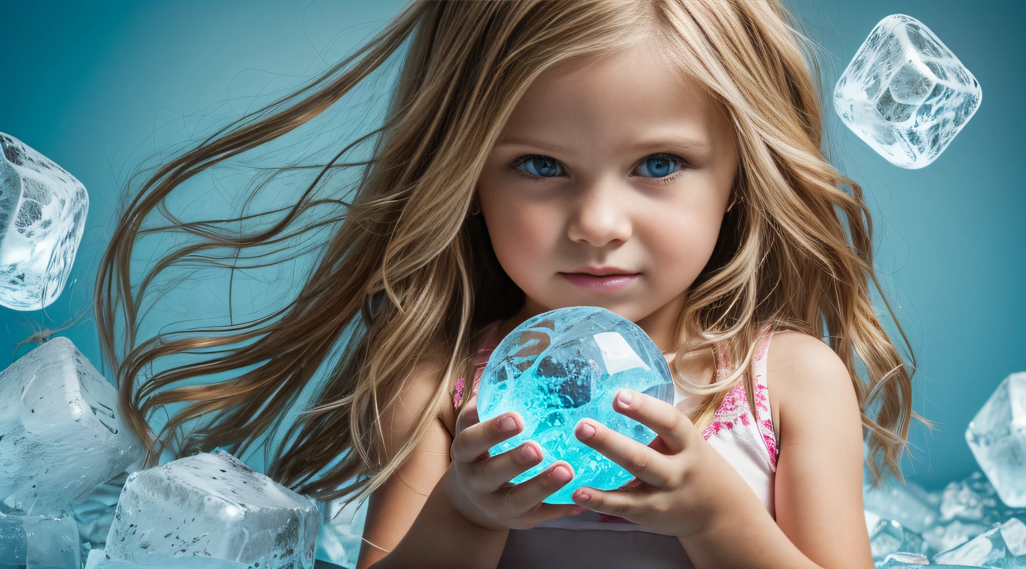 a close-up of a blonde with long hair, BIG BALL OF electrified ICE IN HANDS.