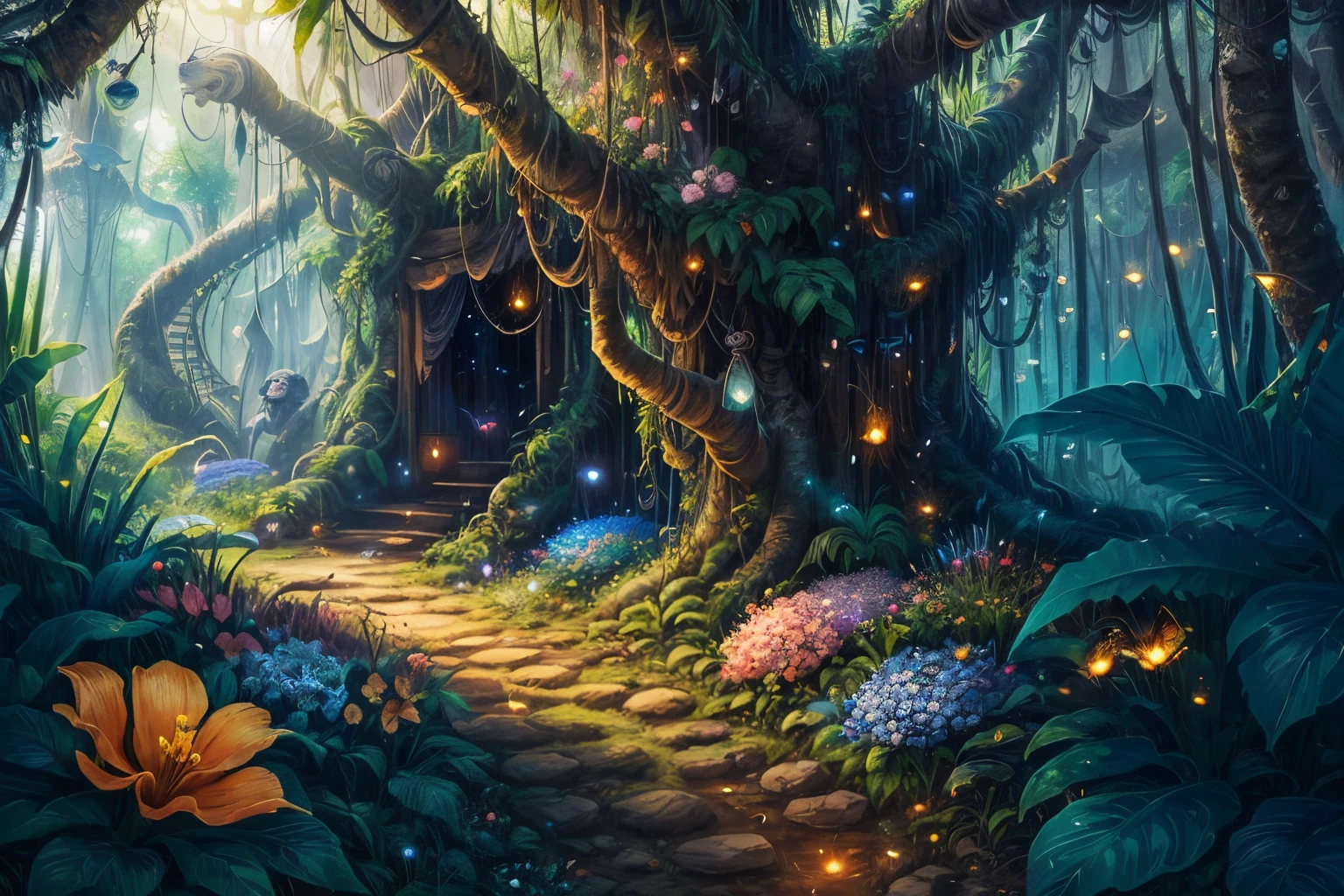 (a fantasy jungle: 1.45), illustration, lush green foliage, (very large and colorful flowers: 1.32), (fireflies: 1.24), a waterfall, mysterious animals, majestic trees, magical atmosphere, best quality, high resolution, ultra-detailed, realistic: 1.37, vivid colors, artistic concept Warm and vibrant color palette, soft sunlight filtering through the trees, a fantasy scene, ultra-detailed, best quality, a work of art