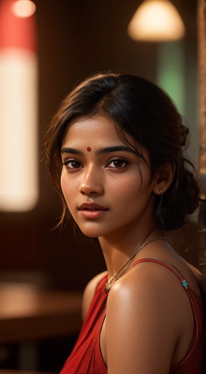 young Indian girl, 18-year-old, red top, gentle lighting, with fair skintone,intricate facial details, flawless complexion, top-notch 3D rendering, hyper-realistic, shot on Indian road. photorealistic digital art trending on Artstation 8k HD high definition detailed realistic, detailed, skin texture, hyper detailed, realistic skin texture, armature, best quality, ultra high res, (photorealistic:1.4),, high resolution, detailed, raw photo, 400 camera f1.6 lens rich colors hyper realistic lifelike texture dramatic lighting unrealengine trending on artstation cinestill 800,in a restaurant