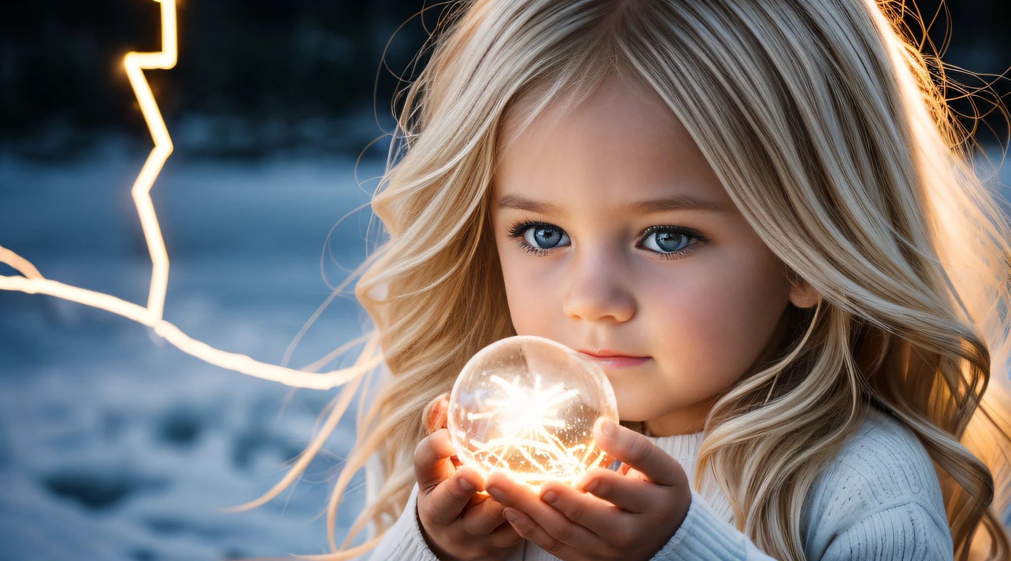 a close-up of a blonde child with long hair, BIG BALL OF electrified ICE IN HANDS.