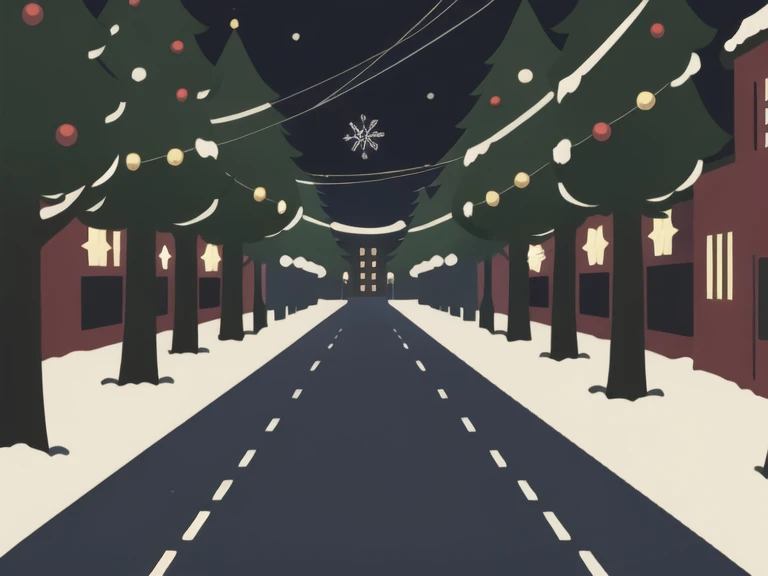 (Christmas time), (Winter) Christmas ligths, city streets, pine trees, snowy day, buldings, Christmas ornaments.