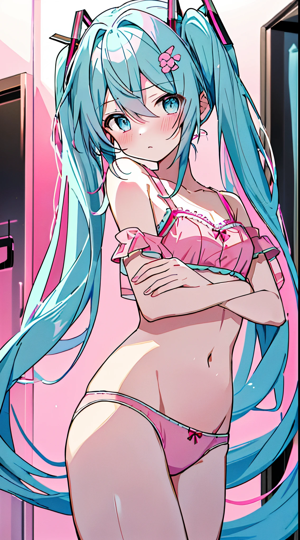 (8K、Top image quality、top-quality、​masterpiece)、1 girl in、Twin-tailed、Hatsune Miku、light blue  eyes、red blush、Troubled face、Smaller chest、((pink bra))、((pink panties))、Turn your butt、Rear view、cowboy  shot、Locker Room Background