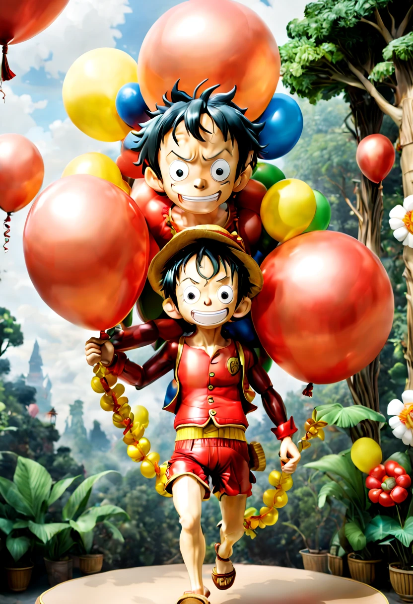 by Elsa Beskow, (balloon sculpture, Monkey D. Luffy in ONE PIECE:1.4), (Inflatable body, balloon shape body), surrealistic, fantasy art, concept art, ultra-wide-angle, octane render, enhance, intricate, (best quality, masterpiece, Representative work, official art, Professional, unity 8k wallpaper:1.3)