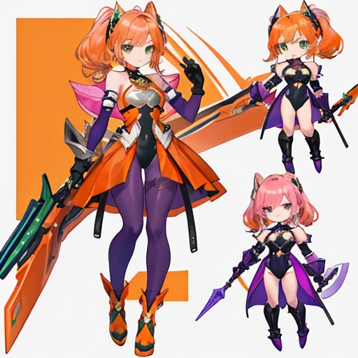 (((Best Quality))) , ((full body)), 1girl, multiple views, white background, variety of hairstyles, variety of design, gauntlets, leotard, body stocking, (cropped shoulders), holding weapon, gloves, orange, green, violet, white, pink, chibi,