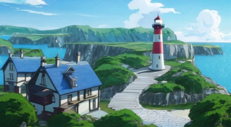 Cartoon scene of a lighthouse on a cliff overlooking a lake, Anime landscapes, Anime countryside landscape, beautiful anime scenery, anime scene, beautiful anime scenes, Anime landscapes, anime backgrounds, Small town background, Anime landscape concept art, Anime background art, town in background, distant village background, Anime background main vision, Today’s recommended anime is still, anime movie backgrounds